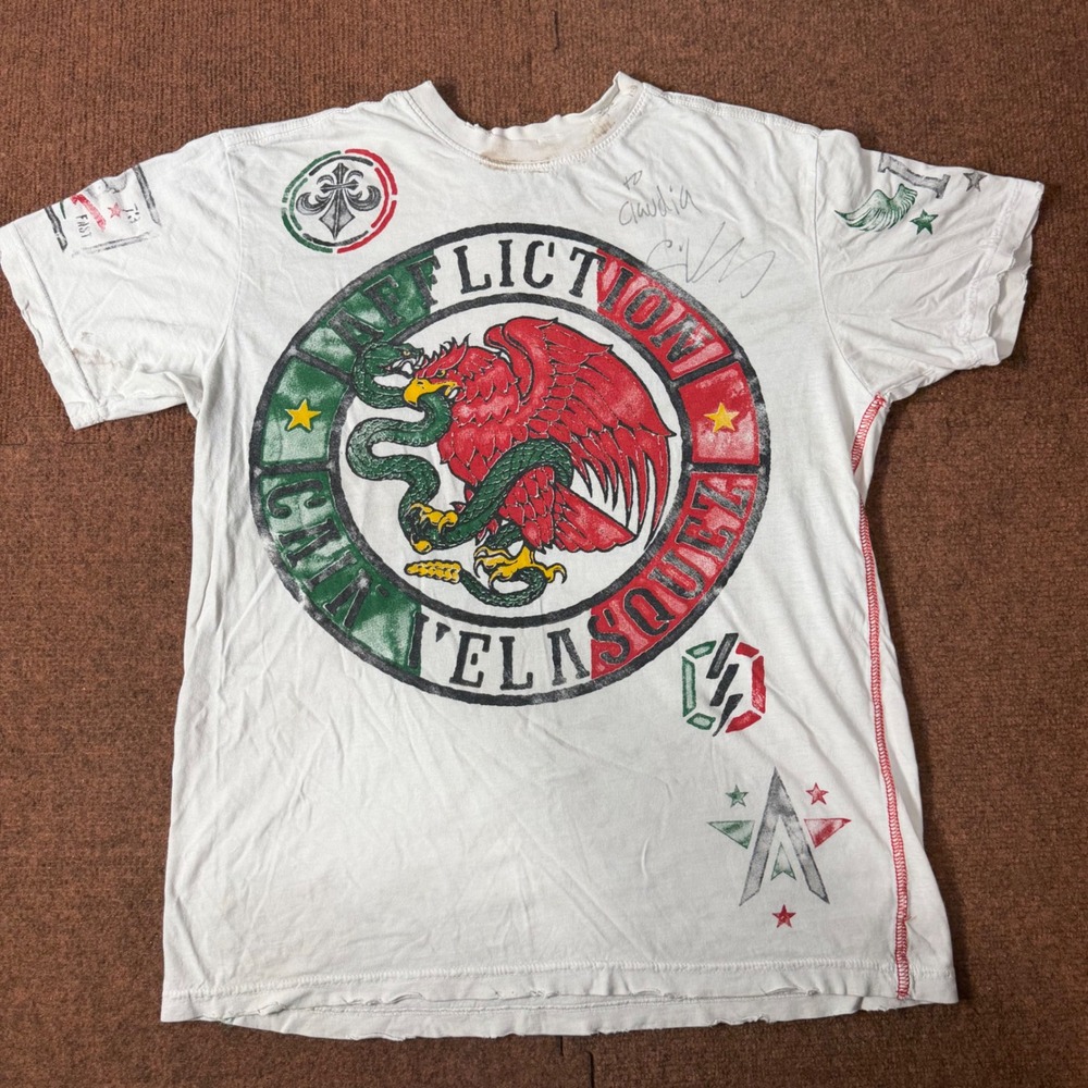 Affliction‎ Cain Velasquez Signed MMA T-Shirt White Mexican Eagle Graphic Medium